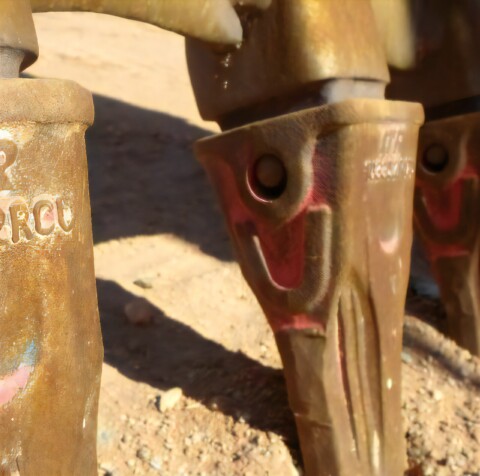 Detailní záběr na kovové zuby bagru.